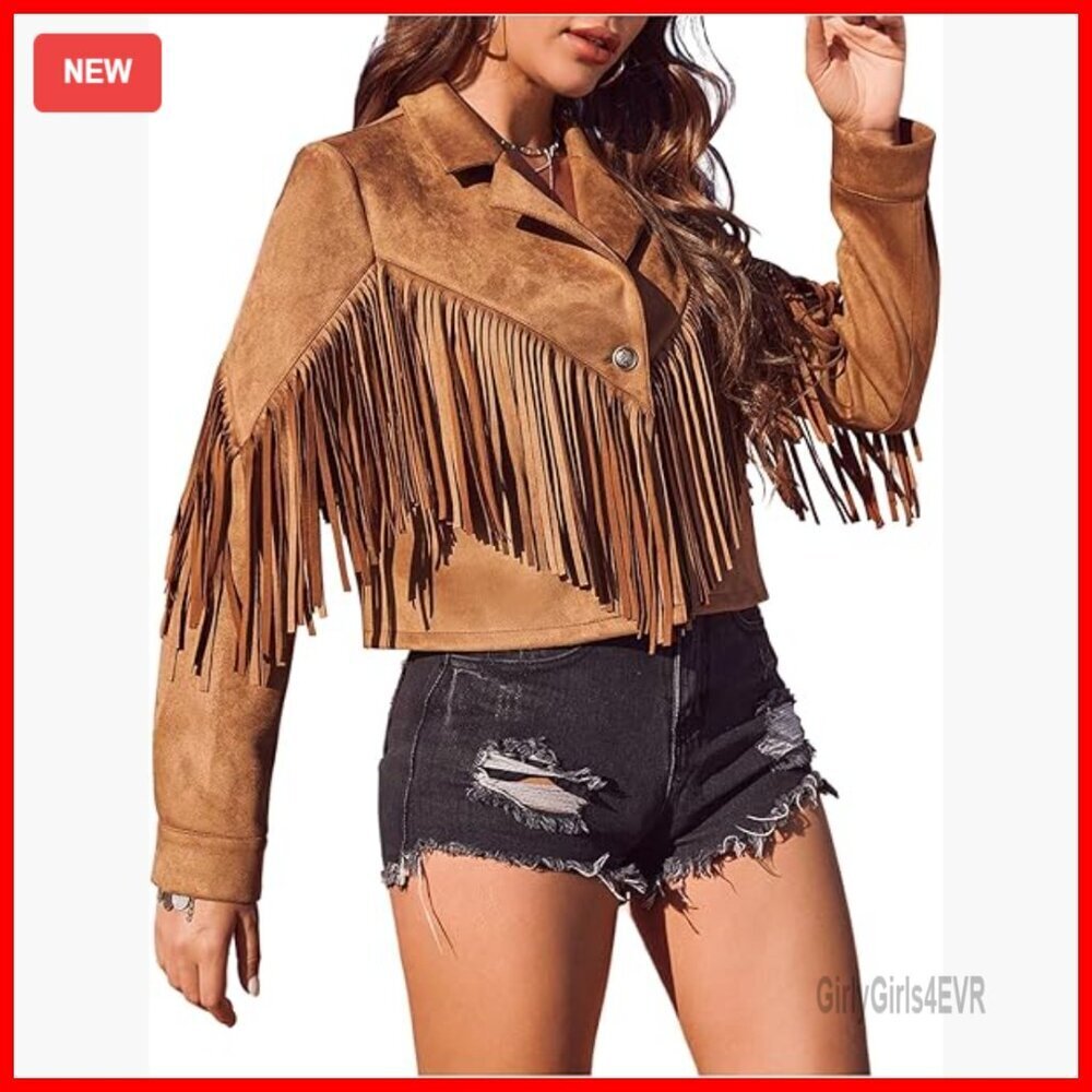 Faux Suede Fringe Open Front Jacket Western Concert Outerwear Long Sleeve